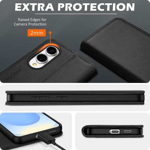 SHIELDON Wallet Case for Galaxy S25 Edge 6.7, Genuine Leather Folio Cover with Kickstand RFID Blocking Card Holder Magnetic Full Protective Case Compatible with Galaxy S25 Edge 2025 - Black