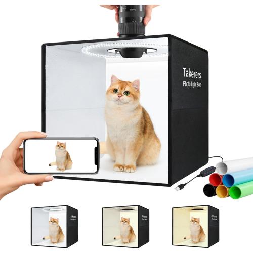 Photo Studio Light Box, Takerers 16x16x16 Portable Professional 3200-6500k Dimmable Shooting Tent Kit with 160 LED & 6 Kinds of Double-Sided Color Backdrops for Product Photography