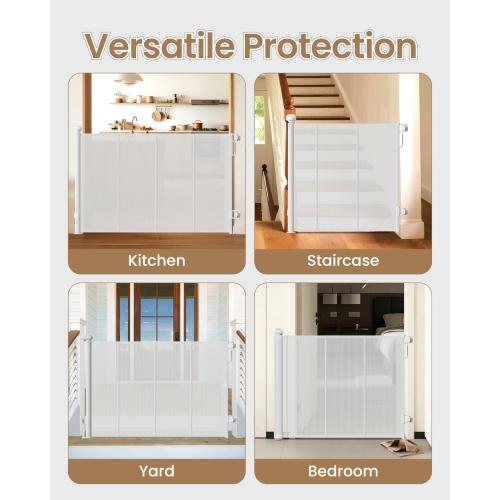 Retractable Baby Gate, 55 Wide Mesh Gate with 4 Reinforced Rods, Prevents Kids & Dogs from Crawling Under, 34 Tall Easy-to-Use Pet Gate for Stairs, Bedrooms, Hallways, Indoor/Outdoor, White