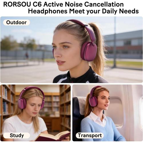 C6 Active Noise Cancelling Headphones, Wireless Over Ear Bluetooth Headphones, 60H Playtime, Lightweight Folding Deep Bass Comfort Fit Ear Cups Headset with Mic for iPad/Travel/PC/Home Red