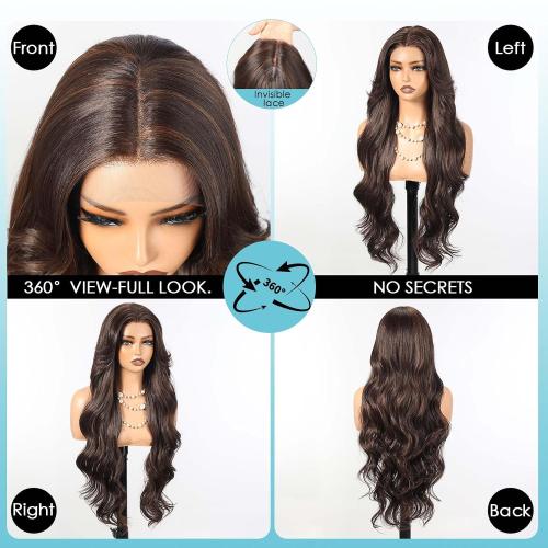 13x4 Glueless Body Wave Lace Front Wig Natural Hairline Pre-Cut Heat Resistant Synthetic Hair for Women Natural-Looking Hairline 30 Inch Dark Brown Highlight(#FS4/30)