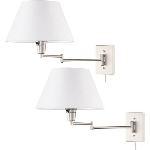 Modern Swing Arm Wall Sconce   3-Way Switch, 2-Pack | White Empire Fabric Shade, 2-in-1 Plug In or Hardwired Bedroom Wall Lamp, Satin Nickel Finish