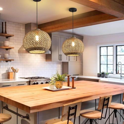 Rattan Pendant Light Fixture,13.79 Boho Rattan Kitchen Island Seagrass Lighting, Hand Woven Coastal Wicker Chandelier,for Farmhouse Dining Room Entryway Foyer 1-Light