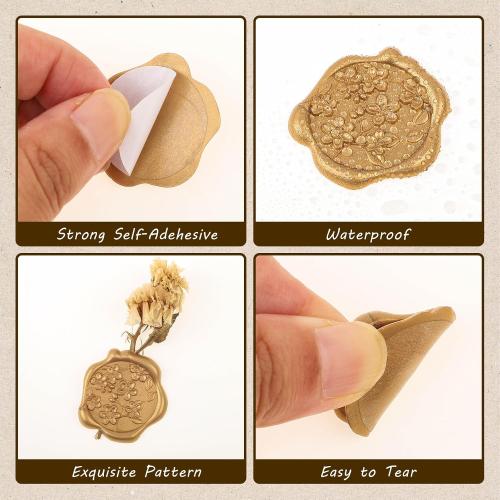 WSICSE 60Pcs Wax Seal Stickers, Wedding Invitation Envelope Seal Stickers Adhesive Backed Light Gold for Wedding, Party,Graduation,Mother's Day,Gift Wrapping (4 Flower Styles)