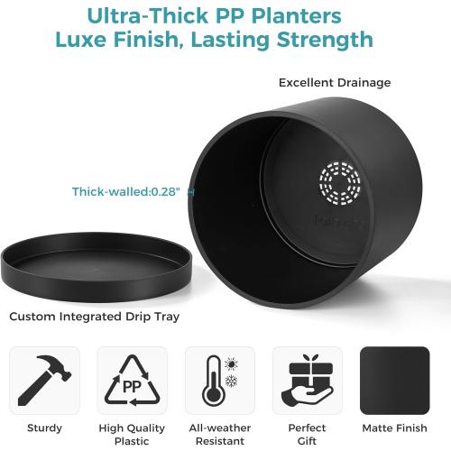 FaithLand 10-Inch Modern Cylinder Planter, Thick-Walled Plastic Plant Pot with Drainage Holes and Detachable Saucer, Matte Black, Ideal for Indoor & Outdoor Plants Flowers