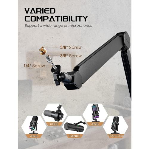 Size 3/8 to 5/8 FIFINE Mic Arm Stand, Microphone Boom Arm with Desk Clamp, Cable Channels, 3/8 to 5/8 Threads, Heavy Metal Microphone Stand for Podcast, Vocal Recording, Gaming-BM66 Black