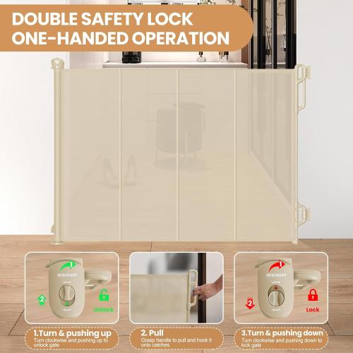 Reinforced Retractable Baby Gate or Mesh Dog Gate,Easy to Use for Stairs, Doorways, Hallways, Indoor, Outdoor, Wide Pet Gate 33.5 Tall, Extends to 65 Wide (Cream, 65 Wide)