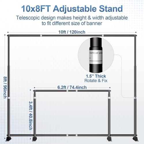 10 x 8FT Backdrop Banner Stand, Heavy Duty Adjustable Photo Background Support Frame Kit, Step and Repeat Stand for Photo Booth, Parties, Exhibition, Trade Show, Wedding
