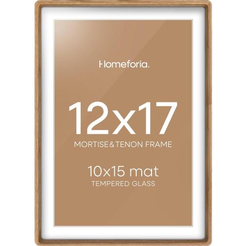 Homeforia 12x17 Picture Frame Natural Wood, Mortise & Tenon Light Oak 12 x 17 Frames with Mat 10 by 15 for Wall, 12by17 Wooden Poster Frame Matted to 10x15 inch Art, Tempered Glass, Wall Kit, Set of 1