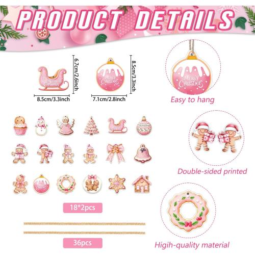 36pcs Gingerbread Ornaments Pink Gingerbread Man Tree Decorations Double Sided Design Christmas Tree Hanging Ornaments for Xmas Holiday Indoor Outdoor Decorations