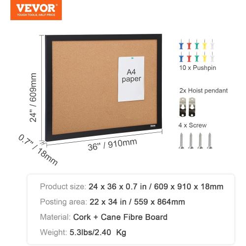 VEVOR Cork Board, Large Bulletin Board with Black MDF Frame, Wall Mounted Pin Board for Office, School and Home Decor, Hanging Message Board for Pictures and Notes, 10 Push Pins Included