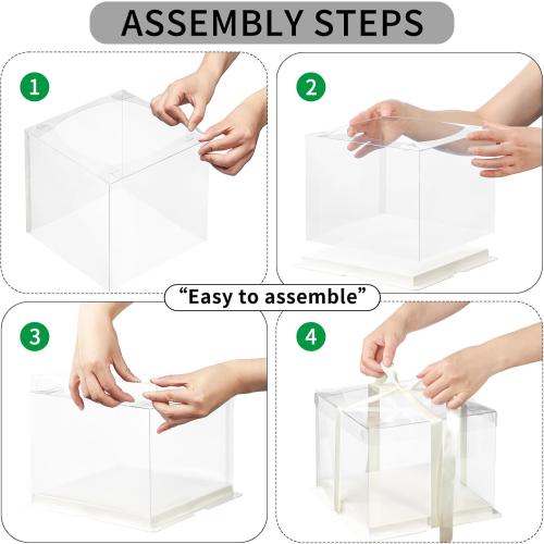 Clear Gift Box with Ribbon 2-Layer 8.5x8.5x9 Inch, Transparent Cake Carrier Box with Lids, PET Tall Cake Packaging Boxes, Clear Gift Boxes for Birthday,Wedding and Festival Party