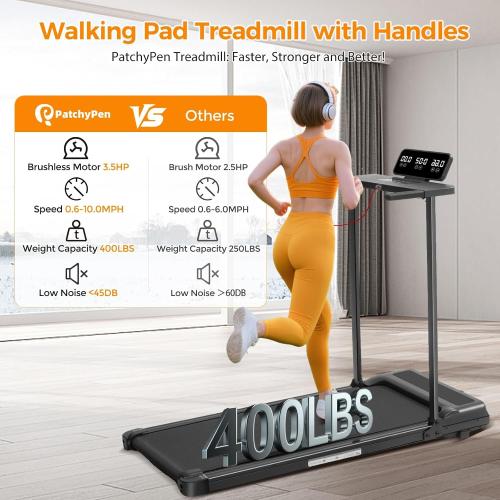 Portable Foldable Treadmill with Handle Bar Walking Pads for Home | 3.5HP Electric Mini Treadmill with Handle Bar for Home Small, 0.6-10.0MPH Walking Pad Treadmill for Home Exercising, 400LBS
