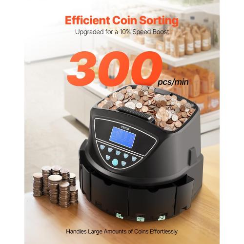 VEVOR Upgraded Coin Counter & Sorter, Coin Sorter and Wrapper Machine with Intuitive Display, Change Counter for USD Coins 1￠ 5￠ 10￠ 25￠ $1, Sorts up to 300 Coins/Min, with 5 Coin Tubes and 5 Trays
