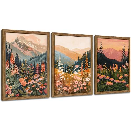 Boho Colorful Landscape wall art Wildflower Mountain Wall Decor Vintage Floral Forest Paintings Rustic Nature Pictures Canvas Prints for Living Room Bedroom Dining Room 16x24 Inch Wood Framed