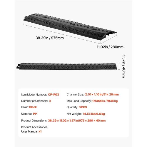 VEVOR 3 Pack Drop Over Cable Cover, 2 Channel Heavy Duty Cable Hose Protector Ramp, 38.3'' Floor Cord Cover, 17,500 lbs/Axle Load Capacity, for Traffic Areas, Indoor, Outdoor, Home, Office, Warehouse