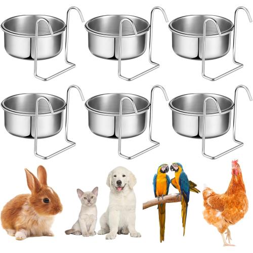 Layhit 6 Pcs 10 oz Kennel Pet Hanging Bowl Stainless Steel Coop Cup with Hanger None Spill Dog Crate Water Bowl Kennel Dog Rabbit Food Dish for Cage Cats Birds Chicken Reptiles