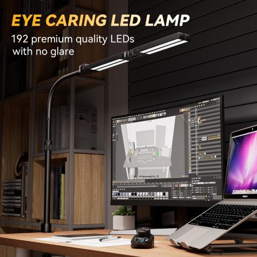 Adjustable LED Desk Lamp – Stepless Dimming & Color Temp Remote Control, Eye-Caring 4 Large Bright Light Souce for Home Office, Flexible Neck, Clamp Base, 5 Lighting Modes for Reading, Computer, DIY