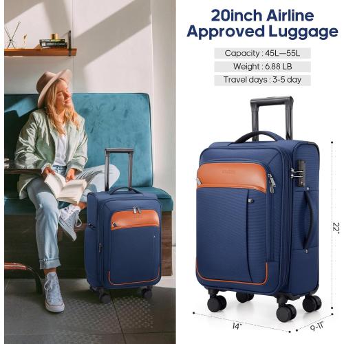 UKEIN Softside Expandable Carry On Luggage 22x14x9 Airline Approved, 20 Inch Suitcase with Wheels & TSA Lock, Travel Suitcase with 4-Piece Packing Bags for Women Men