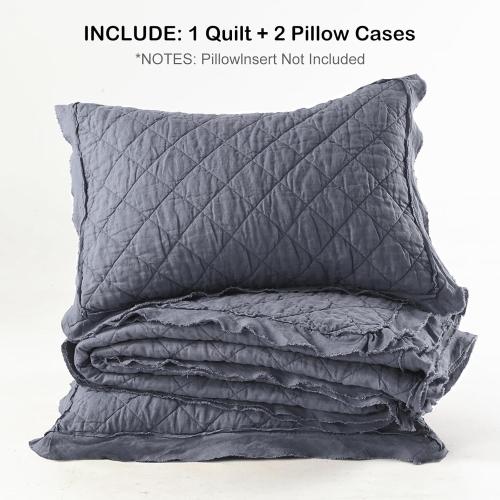 HORIMOTE HOME 100% Linen Front/100% Cotton Back Quilt Set King Size, Steel Blue Pre-Washed European Flax Linen Quilt, Diamond Stitch Bedspread Coverlet Bedding Set 3-Piece for All Seasons