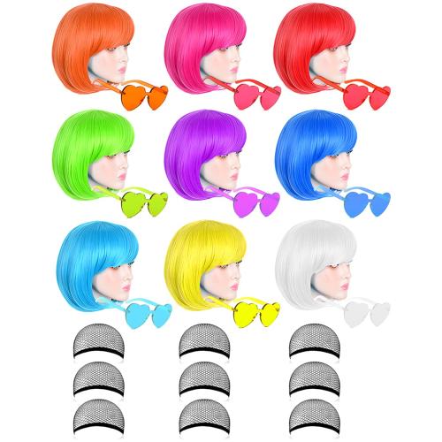 9 Pack Colored Wigs, Funky Colorful Wigs, Short Bob Hair Wigs, Neon Party Wig, Cosplay Wig with Rimless Heart Shape Sunglasses - One Size for All Women Kids & Adults Halloween Costume Night Club