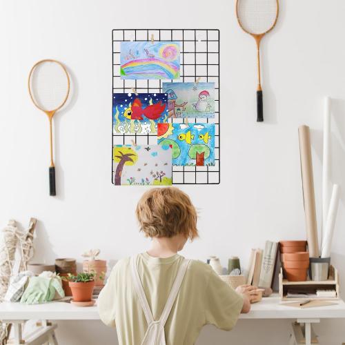 GBYAN 2 Pack Wire Wall Grid Panels with Lights and Clips Large Photo Board for Picture Display Wall Organizer Grid Wall Shelf for Home Office, Room Decoration for Teenagers and Adults