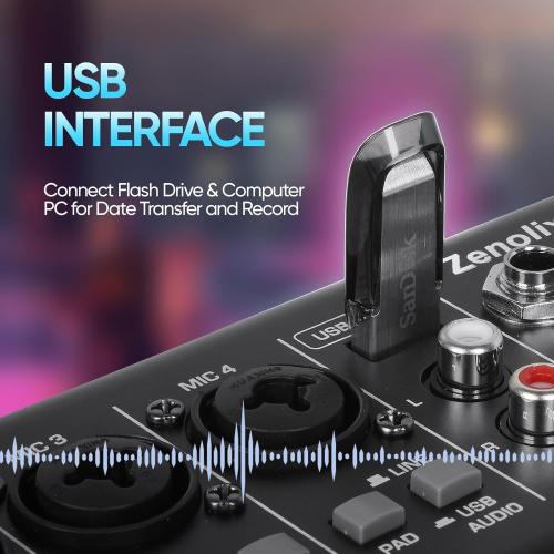 6 Channel Audio Mixer, Sound Board Mixing Console Audio Interface Digital USB Bluetooth Reverb Effect, Input 48V Phantom Power Stereo DJ Studio Mixer for PC Recording FX 16-Bit DSP Processor