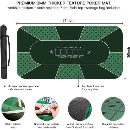 YUZPKRSI 70 x 35 Inch Poker Mat, 8 Players Texas Hold'em Poker Rubber Mat Poker Topper for Tables, Folding Portable Poker Table Top Layout w/Carrying Bag for Poker Games, Blackjack, Casino