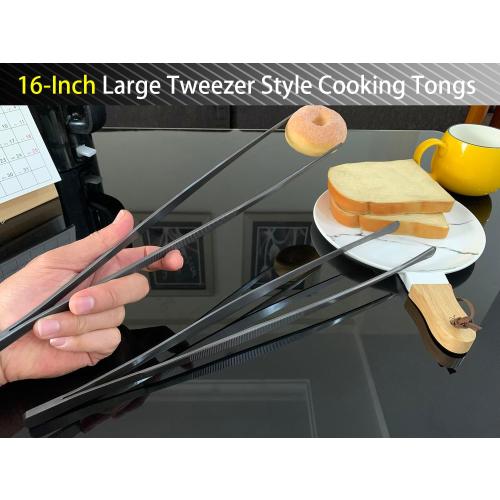 JETKONG 2 Pcs 16-Inch Kitchen Tweezers Tongs with Precision Serrated Tips, Stainless Steel Chef Tweezer Professional Cooking Tweezers for BBQ, Plating and Serving (16-Inch, Black)