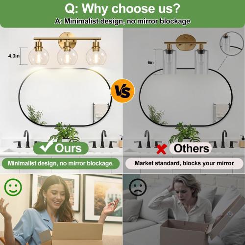 3-Light Bathroom Light Fixtures, Brushed Gold Modern Vanity Lights Over Mirror with Clear Glass Globe Shade, Bathroom Wall Sconces for Mirror Kitchen Living Room Hallway Cabinet Bedroom Porch