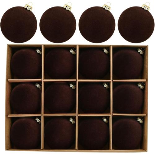 12pcs Christmas Tree Hanging Ball Decoration 2.4Inch Velvet Christmas Ornaments Balls Flocked Shatterproof Plastic Xmas Tree Ball for Party Holiday Wedding Home Decor (1, Coffee, 12PCS)