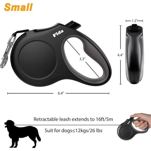 Fida Retractable Dog Leash with Dispenser and Poop Bags, 16 ft Pet Walking Leash for Small Dog or Cat up to 26 lbs, Anti-Slip Soft Handle, Tangle Free, Reflective Nylon Tape (S, Black)