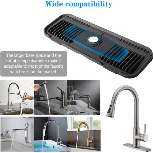 2nd Generation Silicone Faucet Mat, Kitchen Faucet Mat Silicone Faucet Drip Catcher with Cuttable Circular Central for Kitchen Sink, Tailor-Made for Faucets with Deck Plate【Black】