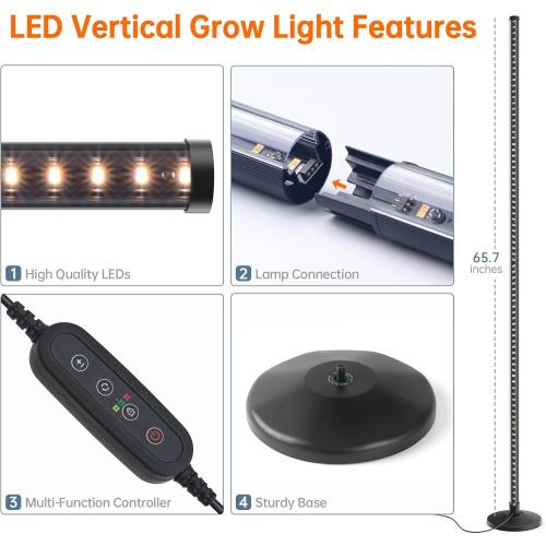 Bstrip Standing Grow Light for Indoor Plants, Vertical Grow Light with 3 Light Modes, Wide Illumination and Dimmable, T10 Full Spectrum Floor Grow Lights, 16in-65in Adjustable Height & Auto Timer