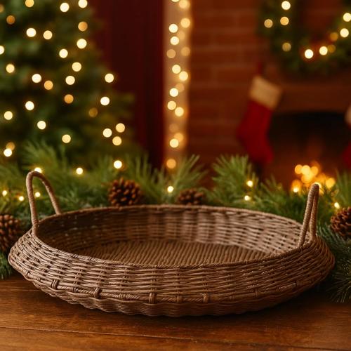 22 Inch Oversized Round Woven Basket Christmas Woven Serving Tray Round Rattan Effect Decorative Basket for Fruit Bread Storage Multipurpose Kitchen Holder Material for Home Organization