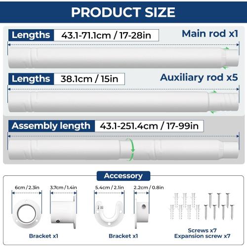Mavivegue White Closet Rod, 17 to 99 Inches Adjustable Closet Rods for Hanging Clothes, 1.3 Inches Closet Hanging Rod Heavy Duty Tension Rod for Closet Wardrobes Laundry RV, Bathroom