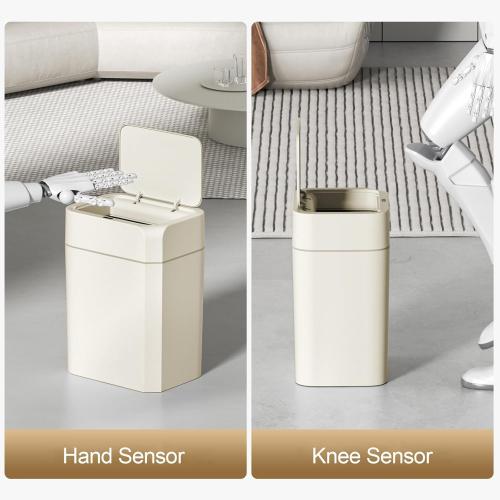 ELPHECO 2 Pack 3.5 Gallon Bathroom Trash Can with Lid Motion Sensor Slim Garbage Can Bathroom Decor Waterproof Smart Small Trash Bin for Kitchen, Office, Bedroom, Living Room, Toilet, Cream Beige