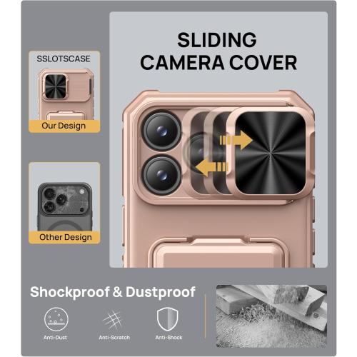 SSLOTSCASE for iPhone 17 Pro Max Case with Wallet & Sliding Lens Cover & Kickstand & Credit Card Holder & Camera Stand, Military-Grade Protection Phone Case Cover for iPhone 17 Pro Max 2025, Rose Gold