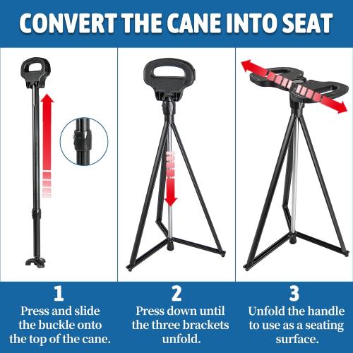 Walking Cane with Seat Folding Lightweight, 2-in-1 Cane Stool for Adults, Aluminum Walking Stick with Seat, Capacity 330lb Portable Stool for Senior, with Carry Bag-Black