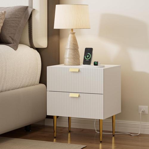 Size 21 Color White Nightstand with Charging Station, Large Fluted Night Stand, End Table for Living Room, Mid Century Modern Bedside Table for Bedroom (21-White Stripe with Outlet, 2 Drawer)