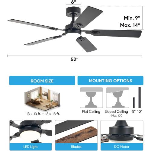 Black 52 VONLUCE Ceiling Fans with Lights and Remote, 52 Ceiling Fan with 5 Blades, 6-Speeds Noiseless Reversible DC Motor for Farmhouse Bedroom Indoor, Black