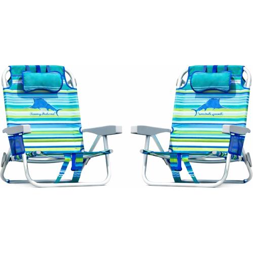 Tommy Bahama 5 Position Beach Chair, Zippered Insulated Cargo Pouch, Cup and Cell Phone Holders, Towel Bar, Pillow for Extra Comfort, Heavy-Duty Weight Capacity, 2-Pack (Aqua Stripes)