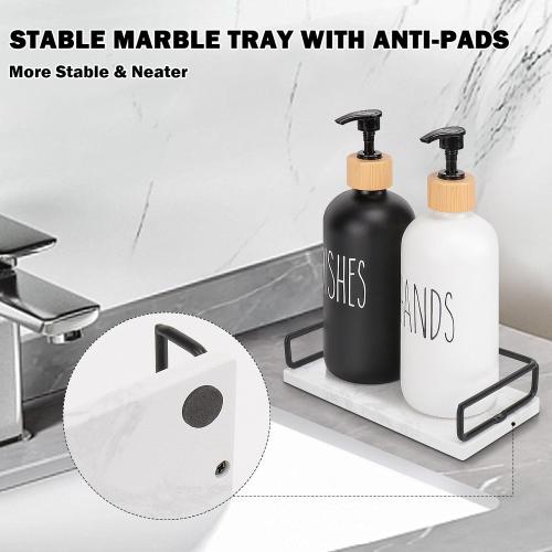 Color White and Black  Glass Soap Dispenser Set, Refillable Dish Soap Pump Dispenser, Kitchen Bathroom Counter Shampoo Conditioner Dispenser (with Marble Tray)