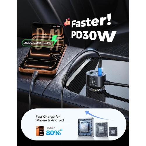 [2025 Upgraded] 7 in 1 Cigarette Lighter Adapter, JOYROOM 179W Car Charger Adapter with PD30W Charge(3.3FT Cable), 24V/ 12V Cigarette Lighter Splitter with Independent Switches & LED Voltage Display