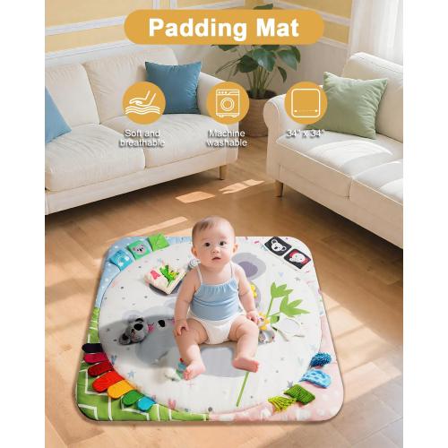Baby Play Gym with 4 Developmental Zones – Tummy Time Mat & Activity Mat with 6 Sensory Toys, Visual Cards & Pillow – Baby Essentials & Ideal Gift for Newborns