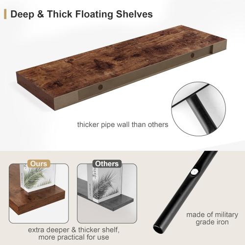 12 Deep Rustic Brown Floating Shelves,Over Toilet Long Wall Mounted Modern Farmhouse 36 inches,Wall Shelves with Invisible Brackets for Bedroom, Bathroom, Living Room, Kitchen, Set of 1