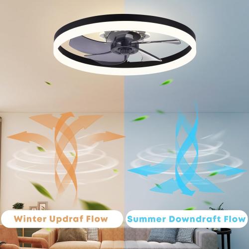 Fszdorj 23.6'' Ceiling Fan with Light, Upgraded Low Profile Fan, Flush Mount Ceiling Fan, 6 Speeds, Dimmable LED, App & Remote Control, Quiet DC Motor, for Bedroom, Living Room, F115 Black N