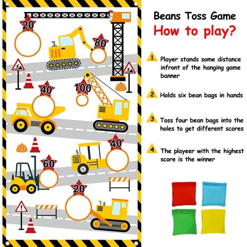 Construction Truck Toss Game Banner with 4 Bean Bags ，Indoor Outdoor Excavator Throwing Theme Party Game Banner with 7 Score Holes for Adults Birthday Party Decorations （Yellow）