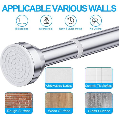 TEECK Shower Curtain Rod, 27-76 inch Adjustable Tension Spring, Shower Curtain Rod Tension, Premium Stainless Steel, Anti-Slip, No Drilling, No Rust, for Bathroom, Silver