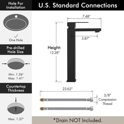 KES Bathroom Faucet Black Vessel Sink Faucet cUPC Certified, Single Hole Tall Bathroom Faucet Stainless Steel, L3156BLFF12-BK